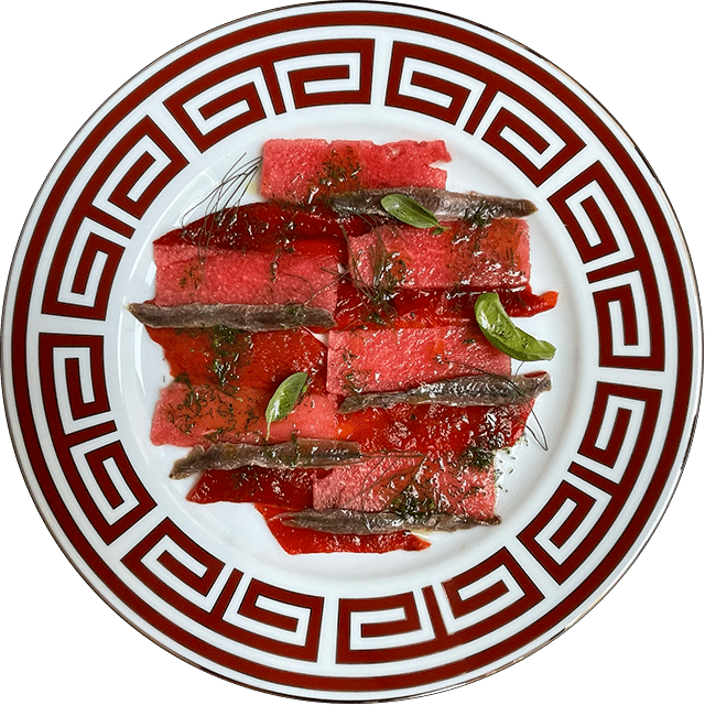 Table Tales - carpaccio di peperoni arrostiti, anguria e alici